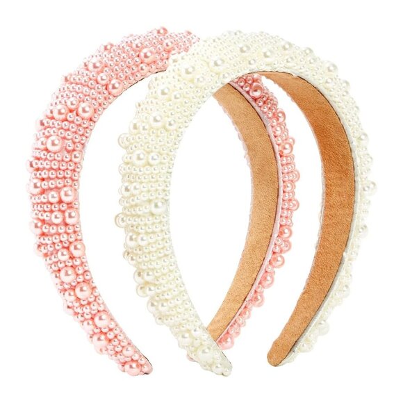 2 Pack Crystal Headbands for Women, Padded Pearl Headband Light Pink, White - Picture 1 of 7